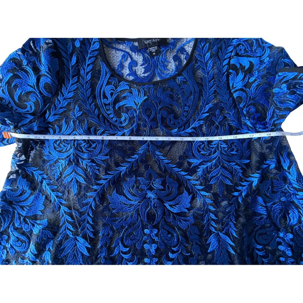 Karen‎ Kane Womens Blue Black Embroidered Sheer Mesh Blouse Short Sleeve Medium - Picture 4 of 7